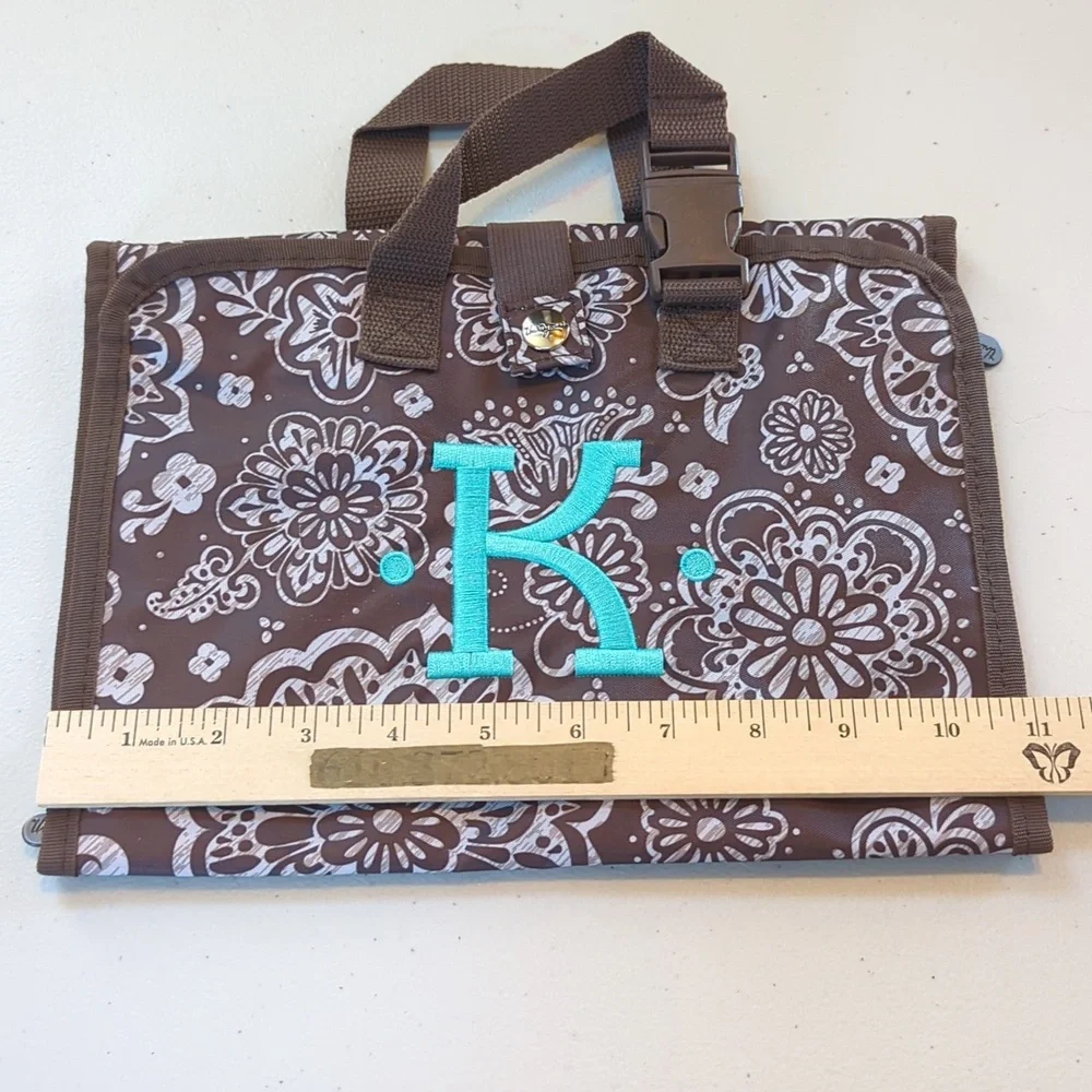 Thirty -one, brown floral cosmetic bag. Personalized initial K